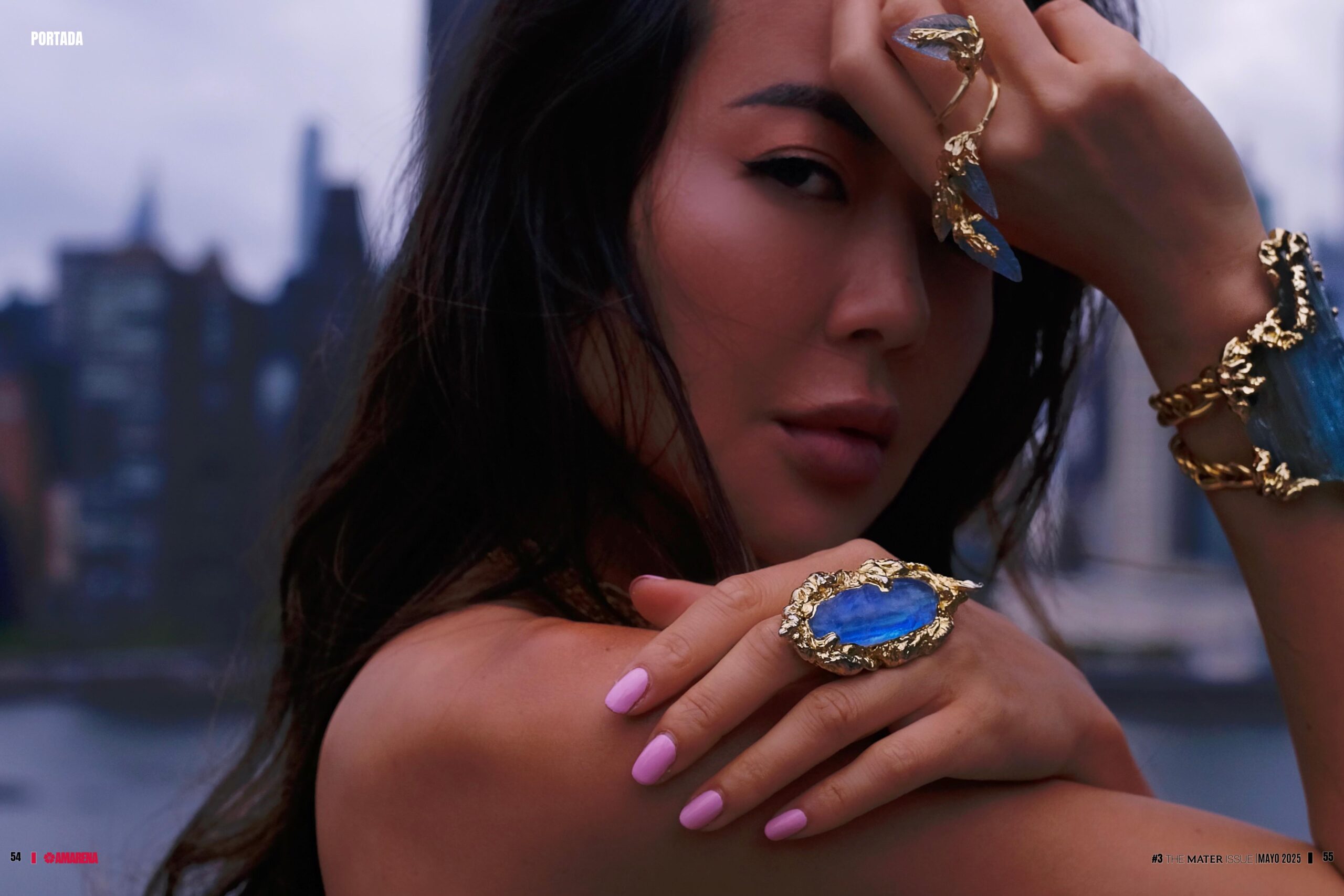 Close-up of Angel Pai wearing Illumin Designs jewelry